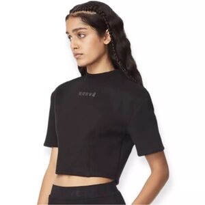 Herve Leger Cropped Logo Short Sleeve Sweatshirt Top in Black Boxy Small
